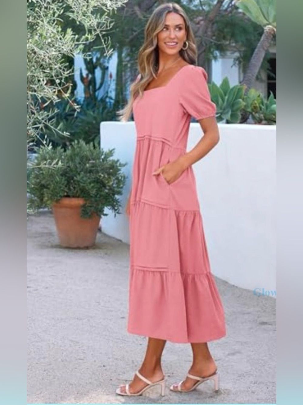 Women’s Square Neck Tiered Midi Dress in Dusty Rose; Size Small